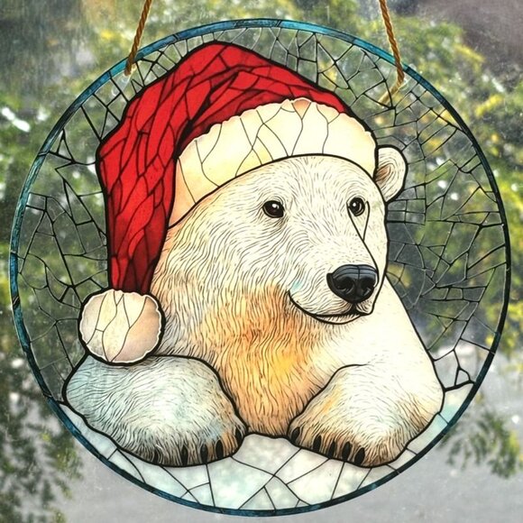 Festive Polar Bear Wearing Santa Hat Christmas Window Sun Hanging Sun Catcher - Picture 1 of 3